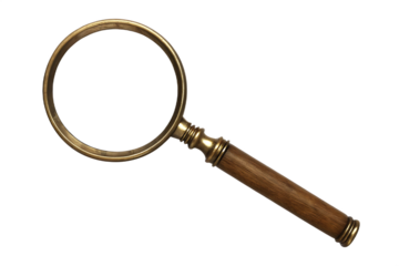 Brass framed wooden handled magnifying glass isolated on a transparent background