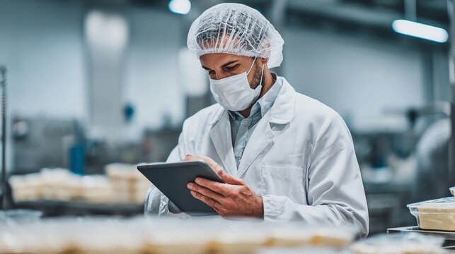 A food safety inspector in a white lab coat and hairnet uses a tablet to check packaged yogurt in a refrigerated storage area Food Quality Control concept.