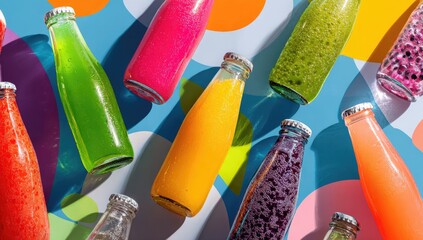 Colorful fruit-infused drinks in glass bottles, arranged atop a patterned background
