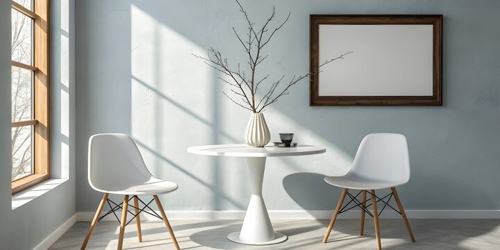 A bright and modern dining area with white furniture and natural light - Powered by Adobe