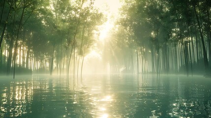 Obraz premium Serene misty bamboo grove in morning glow high resolution picture