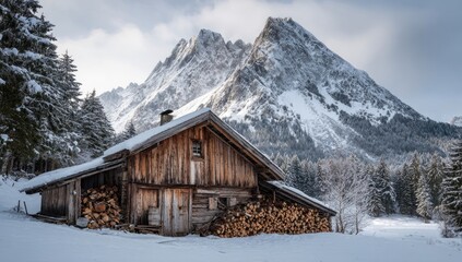 Rustic wooden chalet nestled in snowy mountain valley