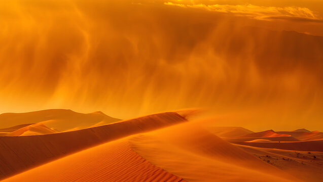 Golden desert sand dunes sculpted by wind under a dramatic fiery orange sky at sunset