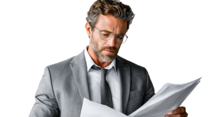 Serious Man Reading Document: A focused and experienced businessman intently reads important documents. His concentration, glasses, and formal attire convey professionalism, wisdom.