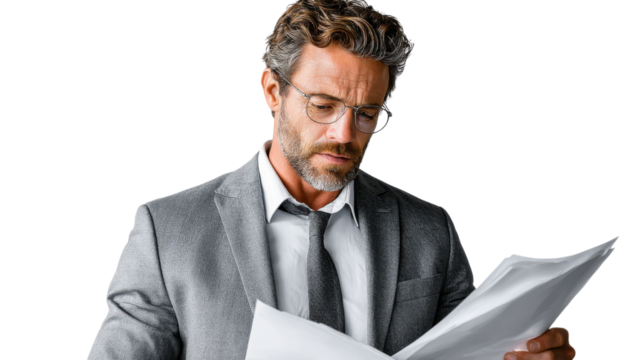 Serious Man Reading Document: A focused and experienced businessman intently reads important documents. His concentration, glasses, and formal attire convey professionalism, wisdom.