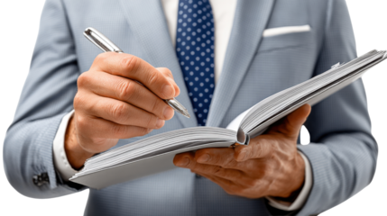 Sharp Focus: A business professional, impeccably dressed in a suit, intently focused as a pen glides across the crisp pages of an open notebook.