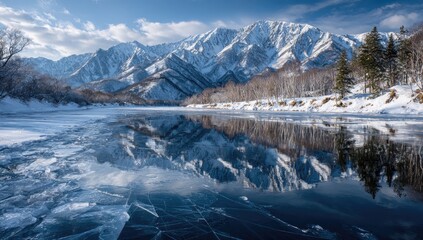 Frozen river reflecting snowy mountains (1)