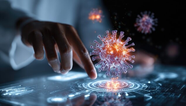A scientist's hand interacts with a digital virus model on a glowing tablet