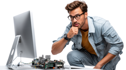 Tech Professional in Deep Thought: An innovative technician, engrossed in the repair of electronic circuitry. a depiction of technical prowess, expertise, and dedication to precision