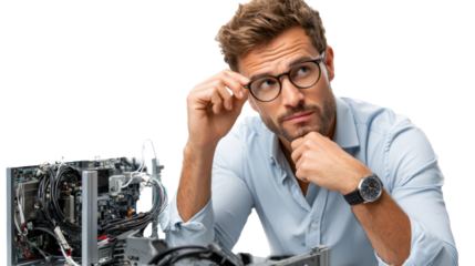 Tech Savvy's Cogitative Stance: A contemplative figure engrossed in the intricacies of advanced technology and mechanical components, showcasing a person of thought, contemplation.