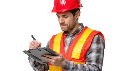 Engineer's Inspection: A focused engineer in a safety helmet and vest meticulously reviews documents at a construction site, showcasing his professional expertise.