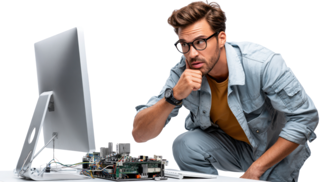 Tech Professional in Deep Thought: An innovative technician, engrossed in the repair of electronic circuitry. a depiction of technical prowess, expertise, and dedication to precision