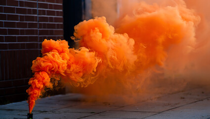 Vibrant orange smoke bomb billowing outwards creating a dramatic cloud effect against a brick wall background