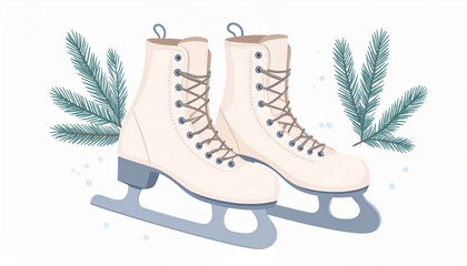 Pair of White Ice Skates with Blue Accents and Pine Branches Pixel Art Illustration