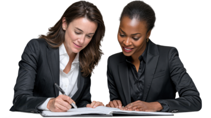 Businesswomen Discussing Documents: Two accomplished businesswomen, in professional attire, are engrossed in reviewing important documents.