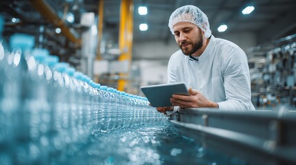 A man in a white lab coat and hairnet uses a tablet to check bottled craft beer Food Quality Control concept.