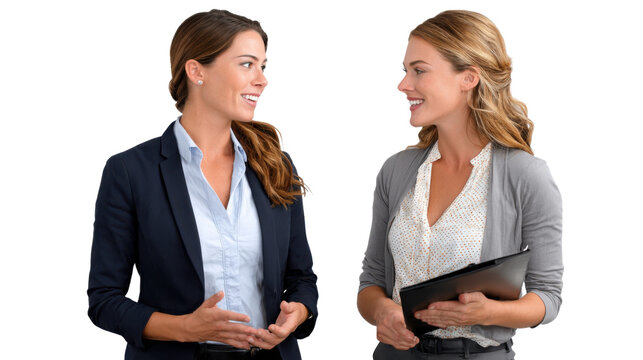 Professional Exchange: Two businesswomen engage in a dynamic discussion, likely plotting success. Their professional attire and focused expressions suggest collaboration, expertise.