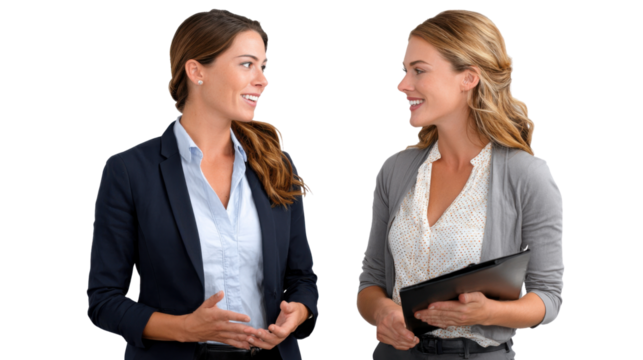 Professional Exchange: Two businesswomen engage in a dynamic discussion, likely plotting success. Their professional attire and focused expressions suggest collaboration, expertise.