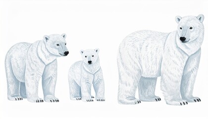 Fototapeta premium Illustration of a Polar Bear Family with Two Cubs Isolated on White Background