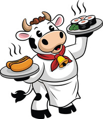 Cartoon cow, waiter costume, white apron, red scarf, bell necklace, hot dog plate, sushi plate, steaming food, humorous animal, CAD drawing, vector illustration