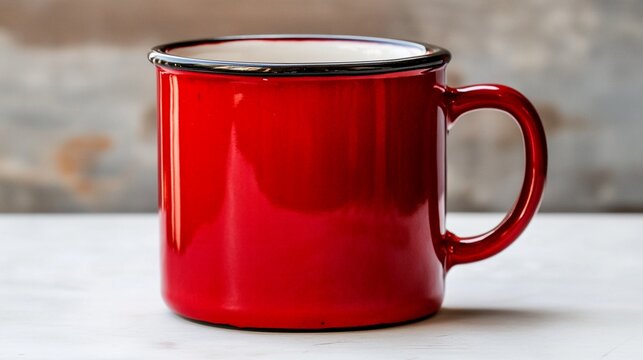 Red enamel coffee mug on a light wooden table, showcasing its vibrant color and smooth finish, perfect for cozy drink moments or rustic kitchen decor.