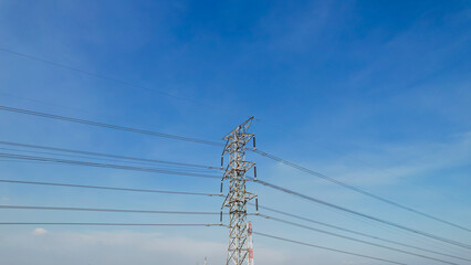 High voltage electric pole power line electric transmission tower, technology energy clean ecosystem change green environment, substation construction pylon generator grid electricity.