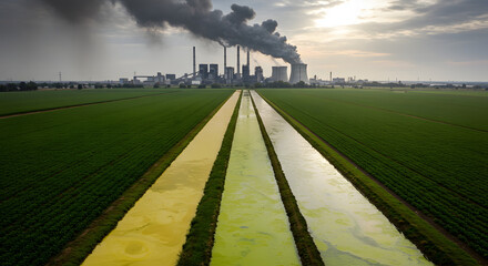 An industrial coal power plant emitting smoke and pollution over agricultural test fields, illustrating the environmental impact of fossil fuels.