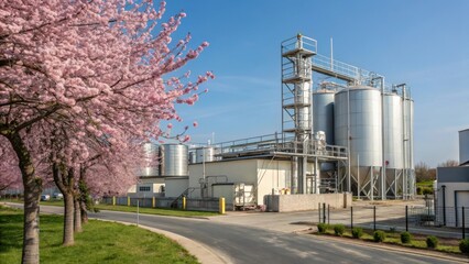 Fototapeta premium Cherry Blossoms by Industrial Production Plant