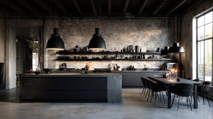 Industrial style kitchen with dark cabinetry and brick accents.