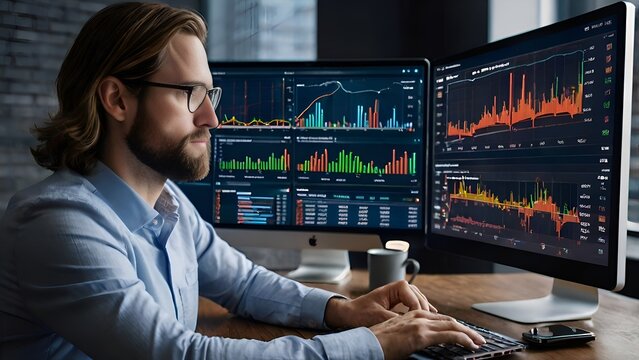 Corporate executive reviewing fintech analytics on a sleek laptop in a contemporary office setting, surrounded by holographic charts, stock market graphs, and economic strategy visuals for investment