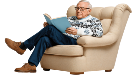 Golden Years: Capturing the serenity of an elder individual immersed in a captivating story, embodying peace and wisdom.