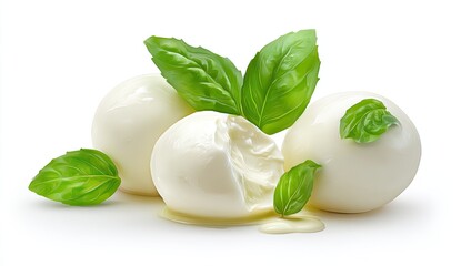 Three fresh mozzarella balls, one sliced open, with basil leaves, isolated on white