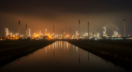 Night Reflections Industrial Landscape with Refinery Lights on Water