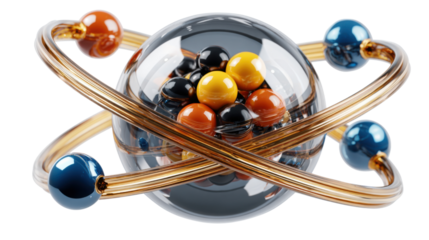 Atomic Orb: A visually captivating representation of an atom, rendered with polished glass and vibrant metallic orbs, illuminating the intricate dance of subatomic particles.