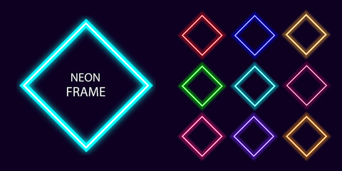 Neon monochrome square border with copy space. Neon gradient square frame template set. Expressive and futuristic graphic elements, geometric shapes for bright designs. Fully vector.