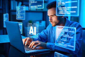 AI-powered web development and programming. A software developer coding with artificial intelligence support, ideal for content about machine learning, AI-assisted coding, next-gen tech solutions.