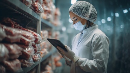 A woman in a white lab coat and hairnet uses a tablet to check fresh blueberries in a packing station Food Quality Control concept.