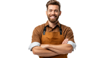 Confident Culinary Professional: A poised culinary professional, radiating warmth and expertise, stands confidently with arms crossed, exuding an inviting aura of a happy expert.