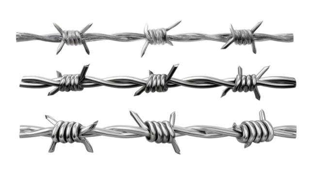 Barbed Wire Detail: This image presents a high-angle shot of meticulously detailed barbed wire, showcasing its sharp, dangerous barbs with precision and clarity.