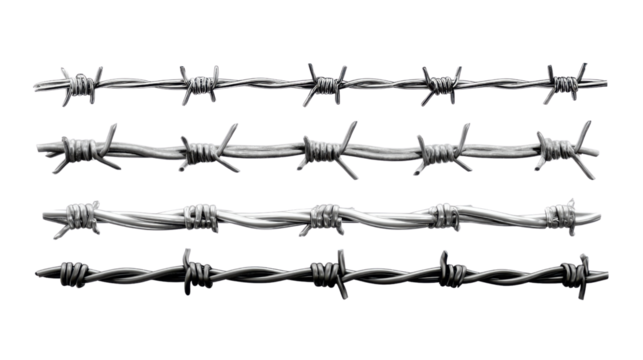 Barbed Wire Barrier: A series of close-up shots showcasing the intricate detail and design of barbed wire, a symbol of boundary, security, and the limits of freedom. 