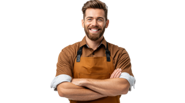 Confident Culinary Professional: A poised culinary professional, radiating warmth and expertise, stands confidently with arms crossed, exuding an inviting aura of a happy expert.