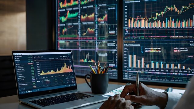 Corporate executive reviewing fintech analytics on a sleek laptop in a contemporary office setting, surrounded by holographic charts, stock market graphs, and economic strategy visuals for investment 