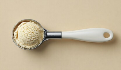 A scoop of vanilla ice cream on a metal scoop with a white handle, set against a pale beige backdrop