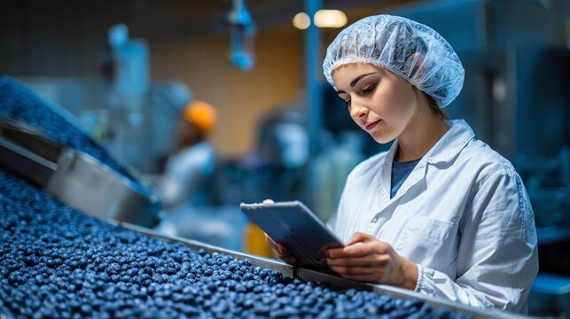 A woman in a white lab coat and hairnet uses a tablet to check fresh blueberries in a packing station Food Quality Control concept.