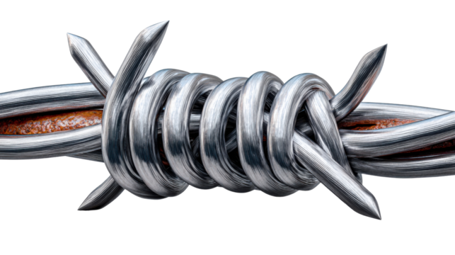 Razor Sharp: A macro view of a twisted and gleaming barbed wire, evoking a sense of danger and constraint. 