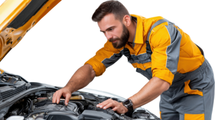 Mechanic at Work: A skilled mechanic, meticulously examines a car engine. Dressed in a practical work suit, he focuses his expertise on the car's interior and mechanical parts.