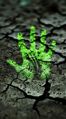 Bright green radioactive handprint emerges from cracked, dry ground. Concept of contamination or environmental disaster.