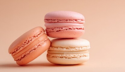 Fototapeta premium Three pastel-colored macarons stacked on a peach background