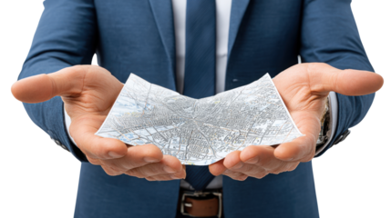 Modern Hands Offering Textured Map: A well-dressed professional delicately presents a textured map, highlighting a sense of direction, strategy and a modern take on business and planning.