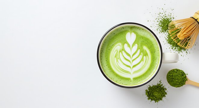 Hot matcha latte with art, chasen whisk, and green tea powder on a white background banner. - Powered by Adobe